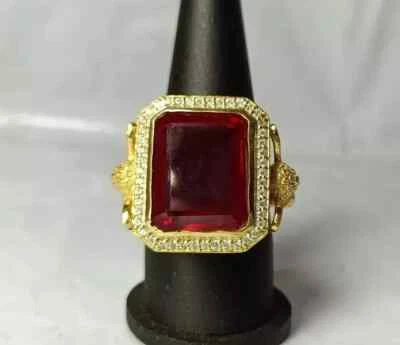5 Ct Emerald Cut Lab Created Red Ruby Men's Bishop Ring 14K Yellow Gold Plated - Image 1 of 4