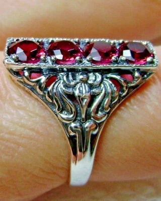 Four Gem Ruby Ring, Sterling Silver Victorian Filigree - Made To Order D72 - Image 1 of 4