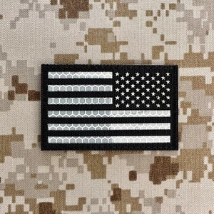 US American Reverse Flag Patch USA Black & White Reflective Morale - Hook & Loop - Picture 1 of 2