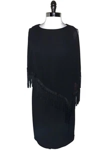 NEW R&M RICHARDS Size 12 Shift Dress Black Fringe Cape Shawl Stretch - Picture 1 of 6