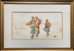 Madeline Hughes (American 1814-1907) DUTCH FISHERWOMEN WATERCOLOUR PAINTING - Picture 1 of 11