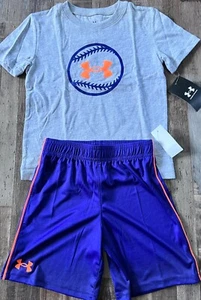 NWT Under Armour Little Boys 7 Navy/Gray/Neon Orange BASEBALL Shorts Set - Picture 1 of 3