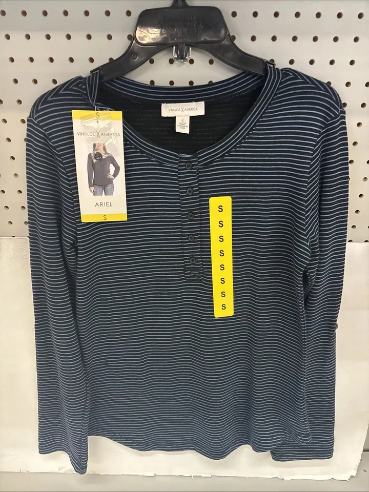 Vintage America M Womens Black White Striped Top Long Sleeve Henley Shirt