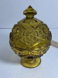 Piatto caramelle vintage in vetro ambrato Kemple Wheaton Hobstar & Fan Composte con coperchio - Foto 1 di 7