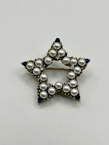 Star Brooch Pin with Faux Pearls & Blue Rhinestones - Foto 1 di 4