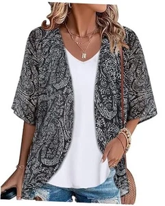Womens Kimono Beach Cover Up Chiffon Cardigan Floral Tops Large Boho Black - Picture 1 of 7