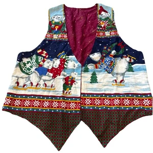 Christmas Handmade Reversible Vest Grandma Polar Bear Snow Granny Chic Fall L/XL - Picture 1 of 17