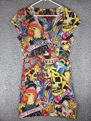 Ed Hardy Dress Womens Large Multicolor Tattoo Graphic Bodycon V Neck Cap Sleeve - image 1 of 4