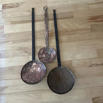 3 Vtg Copper Kitchen Skimmer Ladle Handle European Farmhouse Rustic Primitive - Image 1 of 4