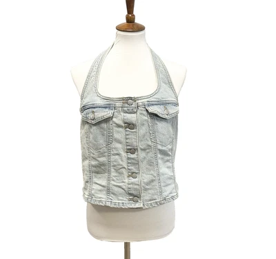 Top corto Y2K Jean Halter para mujer XL lavado claro denim con botones retro años 2000 Foto 1 de 4