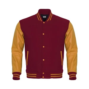 Letterman Jacket Maroon Body Gold Leather Sleeves Varsity Jacket Men L - Picture 1 of 5