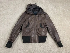 Nine West Moto Jacket Womens Large Leather Full Zip Hooded Rib Knit Pocket Brown - Picture 1 of 16