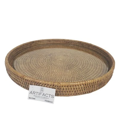 Pottery Barn Tava Handwoven Rattan Round 16" Serving Tray Glass Insert Artifacts - Image 1 of 2