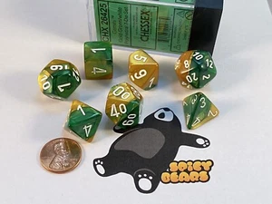 Polyhedral 7-Die Set Gemini - Gold-Green with White Numbers Dice by Chessex - Picture 1 of 1