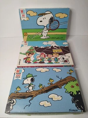Lote de 3 rompecabezas vintage Milton Bradley Peanuts 100/60 piezas Snoopy Woodstock Foto 1 de 4
