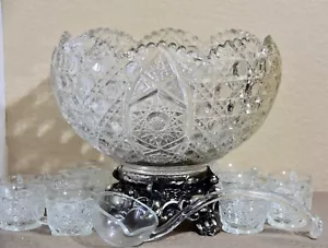 L E Smith Glas Gänseblümchen und Knopf klar Bowle Schüssel mit Metallständer & Schöpfkelle 14-teiliges Set - Bild 1 von 5