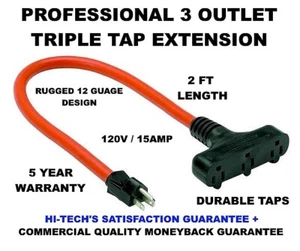 TRIPLE Tap 3 Outlet QUALITY Extension Cord ✅ 2ft ✅ TRUSTED SELLERS ! - Picture 1 of 1