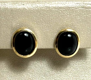 LOVELY 14k YELLOW GOLD ONYX OVAL STUD EARRINGS - Picture 1 of 8