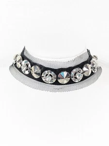 Black Mesh Ribbon Choker Silver Tone Rhinestone Stud Necklace Goth 18.5 inch - Picture 1 of 10