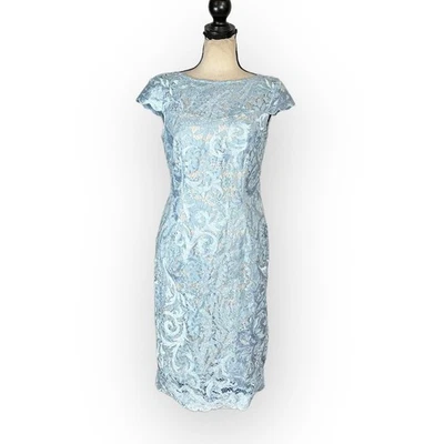 Женское коктейльное платье-футляр Adrianna Papell 6 синее вышитое кружевное с рукавами-крылышками - Изображение 1 из 4