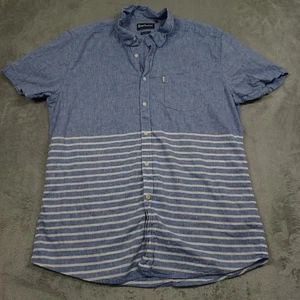 Barbour Shirt Mens Large Blue Striped Button Up Short Sleeve Linen - Picture 1 of 9