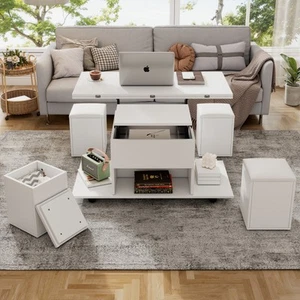 Lift Up Top Wooden Coffee Table with Storage, Convertible Dining Table & Chairs - Picture 1 of 13