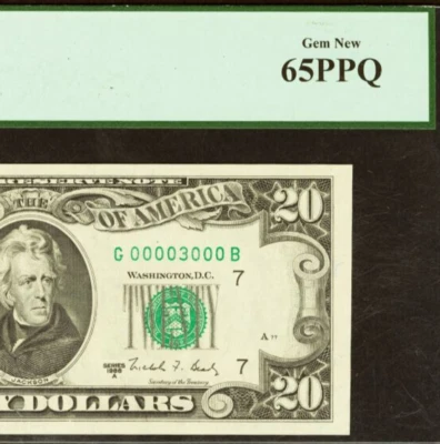 1988A $20 FRN PCGS Gem 65PPQ rare single digit fancy serial number 00003000 - Image 1 of 3