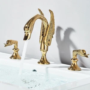 Gold Swan Bathroom Sink Faucet 3Holes 2Handle Waterfall Vanity Basin Mixer Taps - Picture 1 of 11