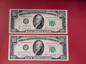 1950 B ($10) Ten $ Bills Crisp x 2 sequential serial Federal Reserve Bearer Note - Picture 1 of 10