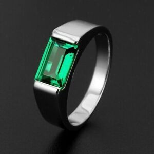 2Ct Emerald Cut Emerald Lab-Created Men's Engagement Ring 14K White Gold Finish