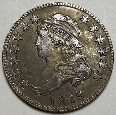 Busto tapado 1819 cuarto de plata pequeño 9 variedad ¡ENORME ERROR DE FECHA 25C SOBRE 25C!! Foto 1 de 3