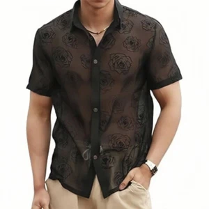 Camisa transparente informal ajustada manga corta con botones blusa para hombre - Imagen 1 de 5
