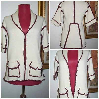 Vintage Hippie Bohemian Knit Burgundy & Off White 2 Tone Women's Sweater sz L - Image 1 of 4