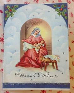 Vtg 1930s Silvered Christmas Card Holly Berries, Silver Stars, Mary & Baby Jesus - Picture 1 of 7