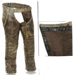 Unisex Distressed Brown Leather Motorcycle Chaps with Removable Snap out Liner