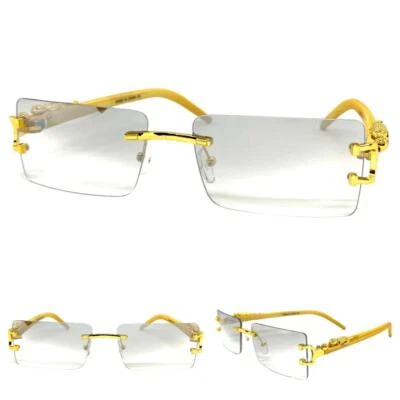 Mens CLASSY Elegant Sophisticated Hip Hop Clear Lend SUN GLASSES Gold Wood Frame - Image 1 of 4