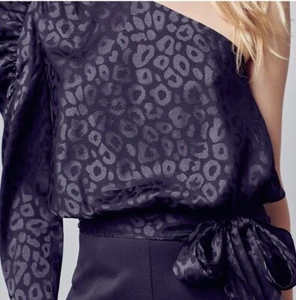 Do+Be Taupe Black One Shoulder Satin Leopard Print Blouse With Bow Women’s Large - Picture 1 of 5
