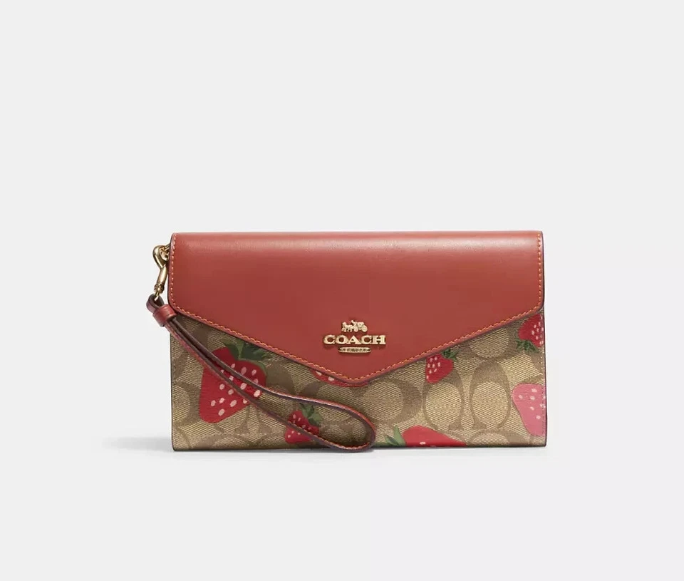 NWT COACH CH524 Travel Envelope Wallet Signature Canvas w Wild Strawberry $338 - Image 1 of 4
