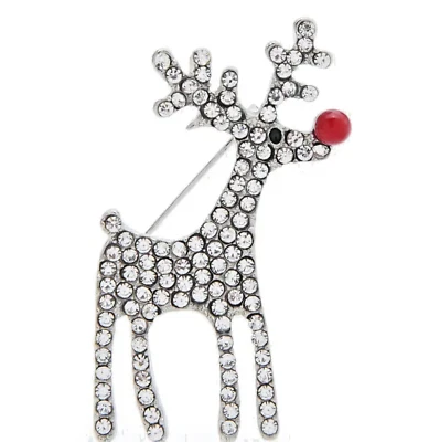 Rhinestone Silver Reindeer Red Nose Christmas Brooch  Box included - Image 1 of 4