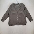 Zara Womens Top Size XL Olive Green Pure Linen Roll Tab Sleeve Casual Blouse