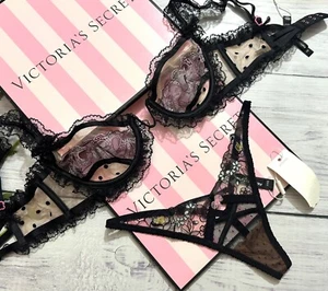 VS For Love And Lemons Bows Bra Black Floral Thong Panty XS-XXS - Picture 1 of 7