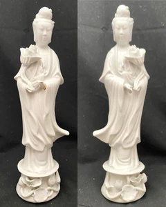 PAIR KWAN YIN GUAN YIN BLANC DE CHINE BIG STATUES 12" AXIALLY SYMMETRIC c1960 g - Picture 1 of 16