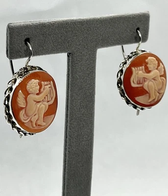 Orecchini in Argento 925 con  Cammei Corniola 20mm Tondi Angeli Incisi A Mano - Immagine 1 di 4
