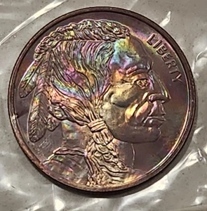 One Oz Silver Buffalo .999 Fine Silver ~ Rainbow Pastel Toned Indian Head Round - Picture 1 of 3