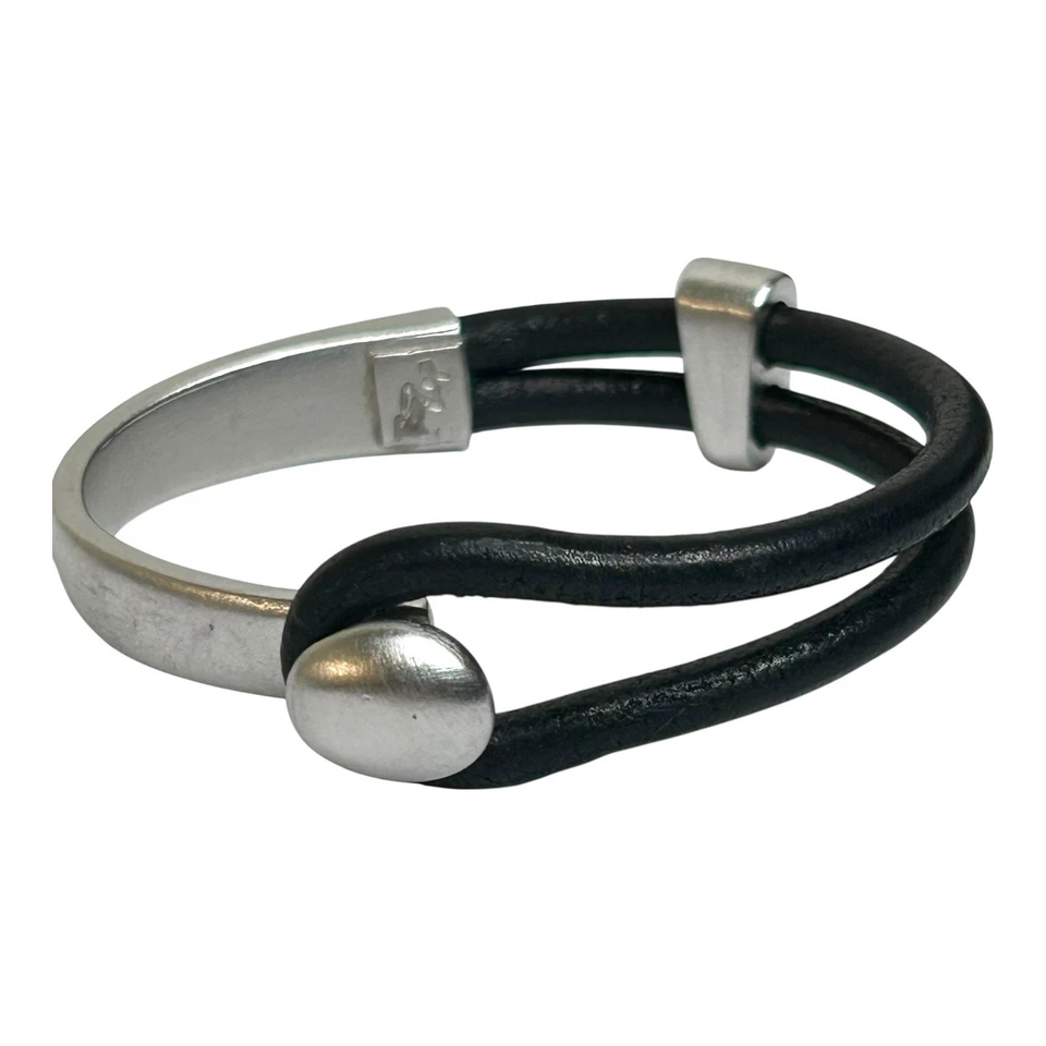 Pulsera Erica Zap Platino Platinado Peltre Lazo Perilla y Deslizable Cuero Negro Para Hombre Foto 1 de 4