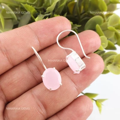 Ovale Naturale Rosa Calcedonio Nuovo Pendenti Fidanzamento Orecchini Argento - Immagine 1 di 4
