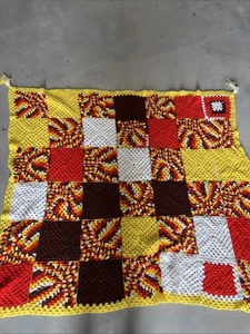 Vintage Handmade Granny Square Afghan Crochet Blanket 70x60 Inches Yellows & Red - Picture 1 of 6