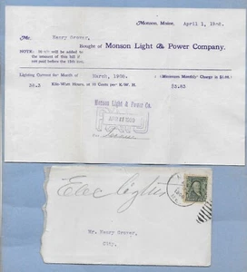 MONSON MAINE MONSON LIGHT & POWER COMPANY BILLING APRIL 1st 1908 ORIG & CLEAN - Picture 1 of 1