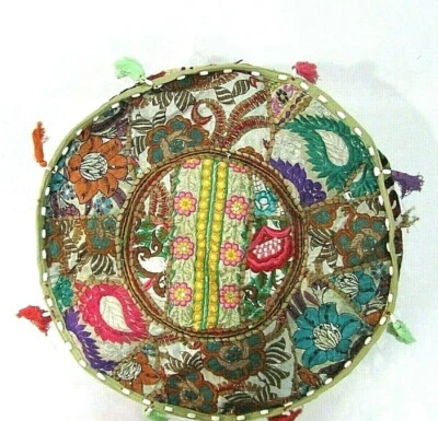 Khambadiya Floral Patchwork Round Bean Bag Pouf Ottoman Pouffe Cover Seat Stool - Image 1 of 4