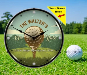 RETRO NOSTALGIC PERSONALIZED 19TH HOLE GOLF LED LIGHTED 14" WALL CLOCK - Picture 1 of 3